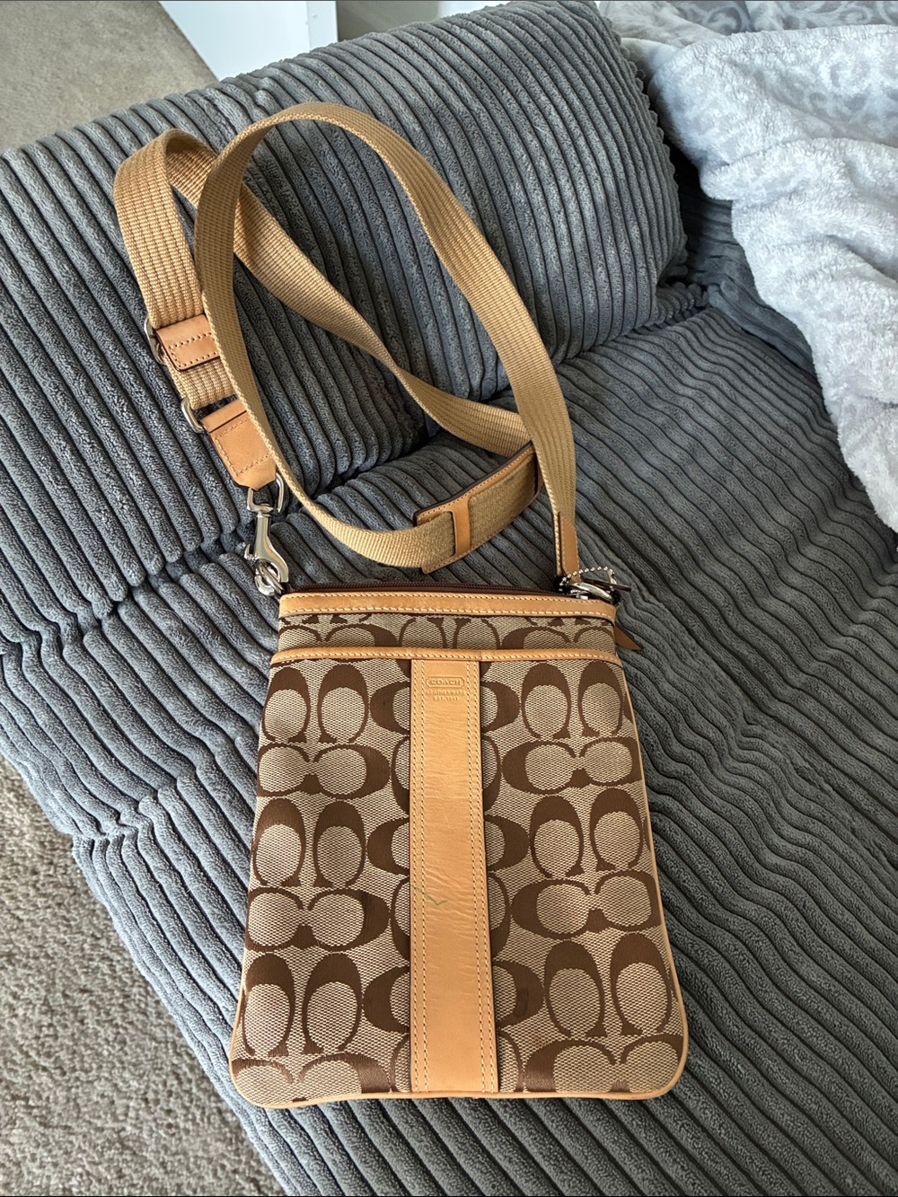 Coach Brown Khaki Signature Crossbody Bag with Tan Trim